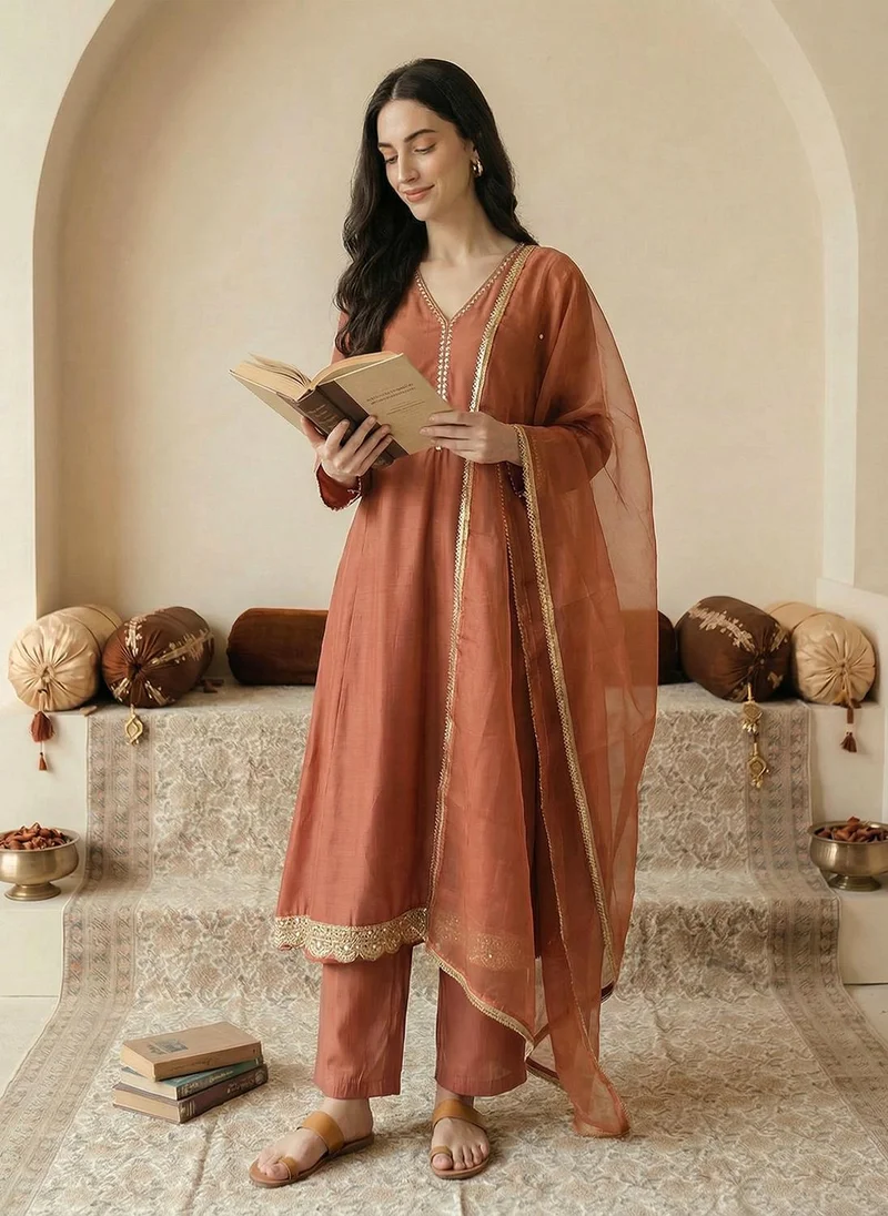 globus Globus Women Orange V-Neck Zari Embroidered & Mirror Work Detail Flared Hem A-Line Kurta with Pants & Dupatta Festive Set